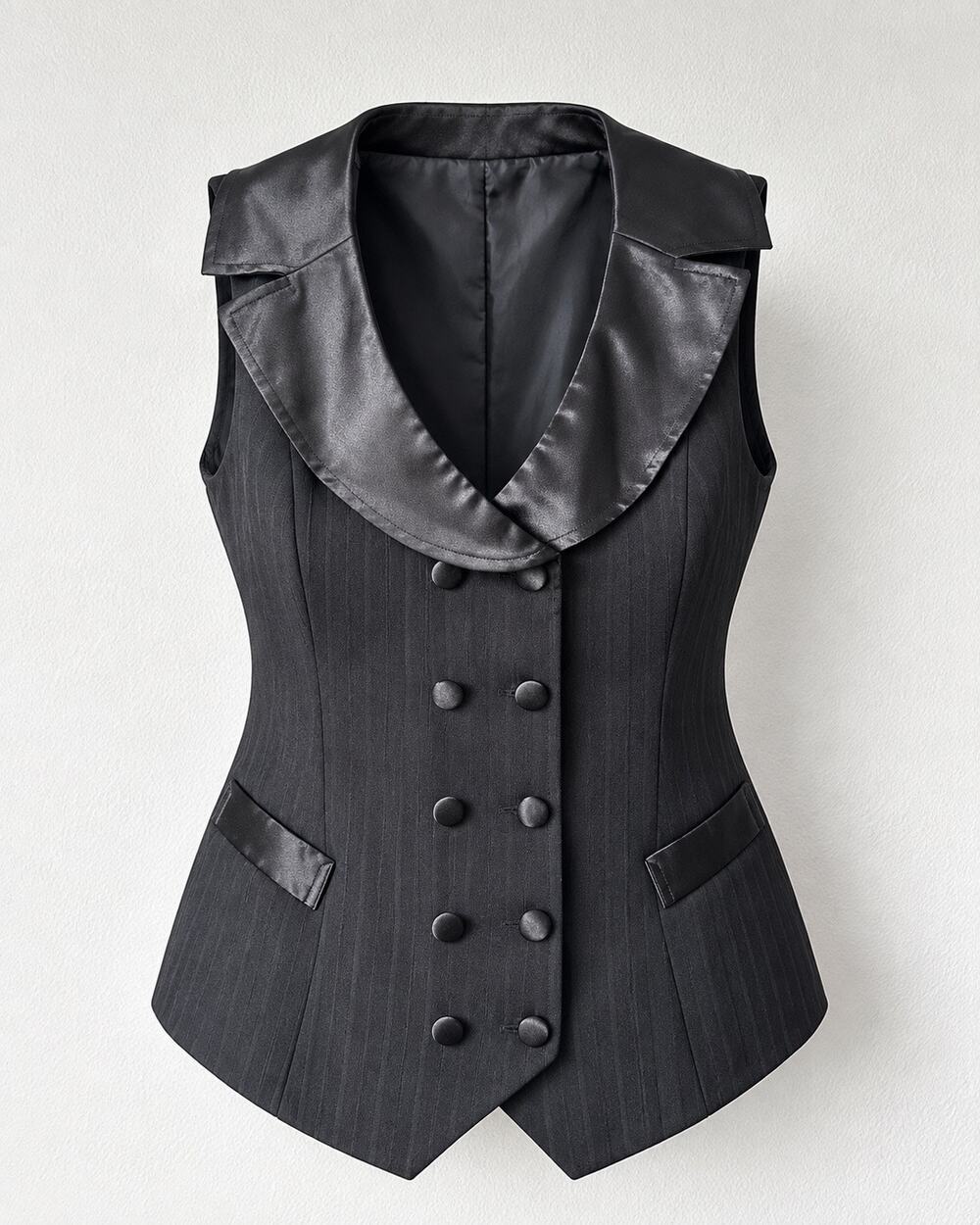 Vintage Y2K Black Pinstripe Tuxedo Vest Size 18 Satin Collar Double Breasted